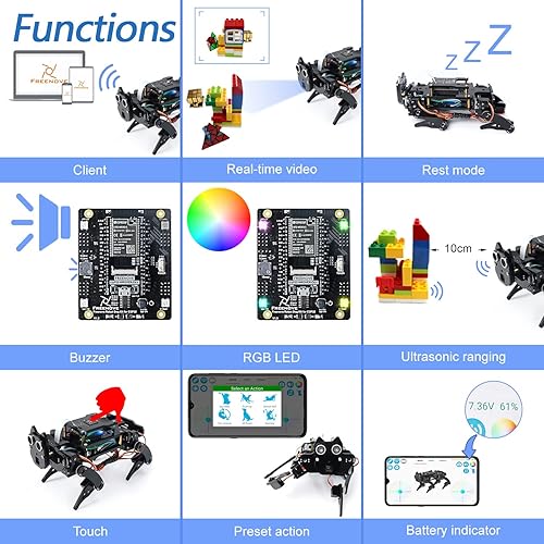 Miniatura 4 de Freenove Kit robot para perros ESP32-WROVER incluido cámara caminar rango ultrasónico sensor táctil zumbador RGB LED servo aplicación