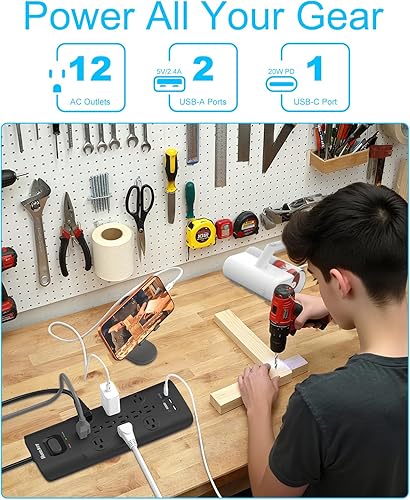 Miniatura 3 de Regleta de alimentación larga de 12 salidas con puerto USB C PD de 20 W, protector de sobretensiones 3480J resistente cable de 6 pies de ancho