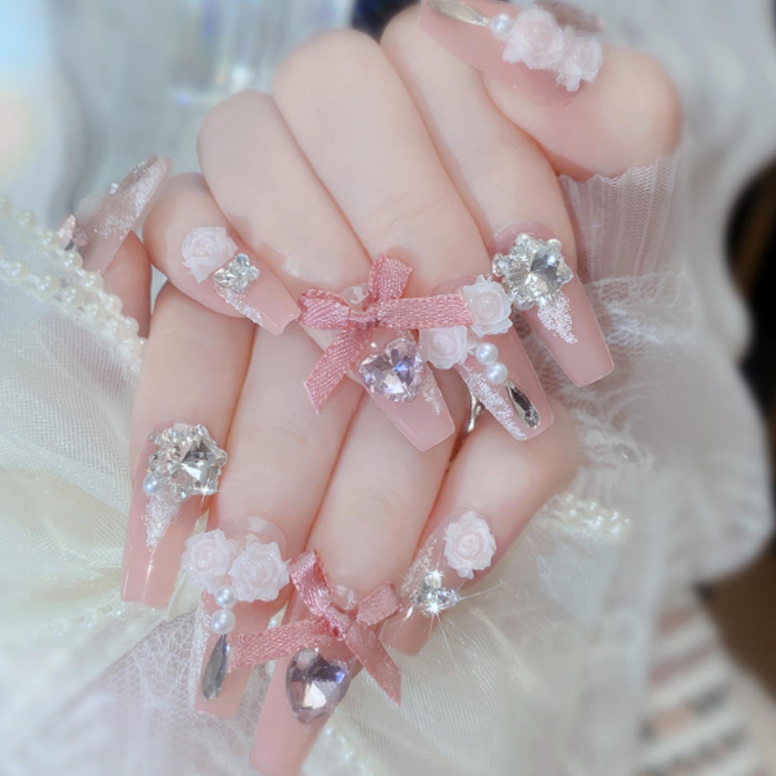 Hkanlre 3D Press on Nails Medium Fake Coffin Nails Tips Full Cover Luxury False Nails for Women and Girls 24PCS