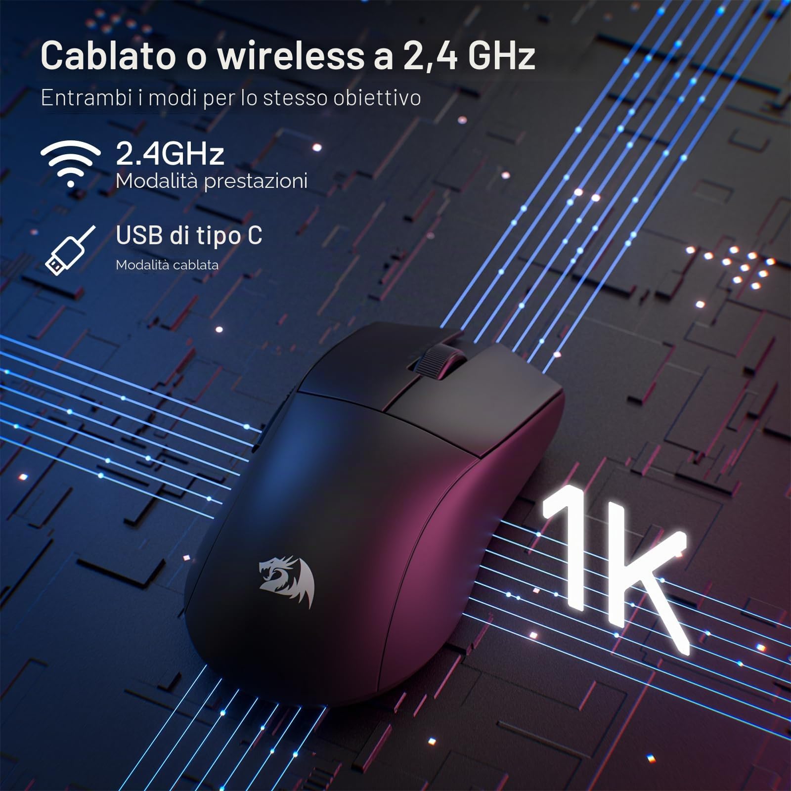Redragon M916 Mouse Gaming Senza Fili 49g 8K 24K DPI Ergonomico