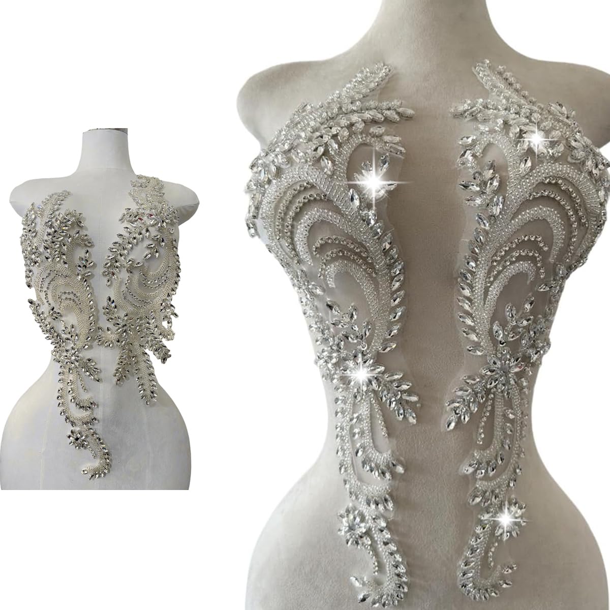 Photo 1 of 1 Pair Big Size Hand-Made Beaded Rhinestons DIY Clothing Appliques Patch Wedding Dress Decoration Flower Applique by Pair (Silver)