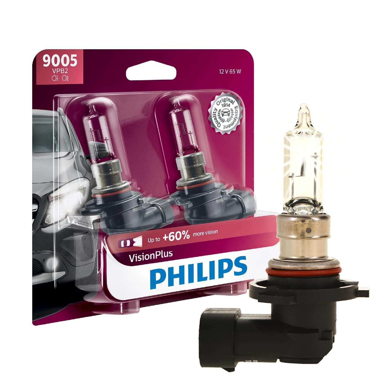 Philips Automotive Lighting 9005 VisionPlus Upgraded Headlight with up to 60% More Vision, 2 Pack