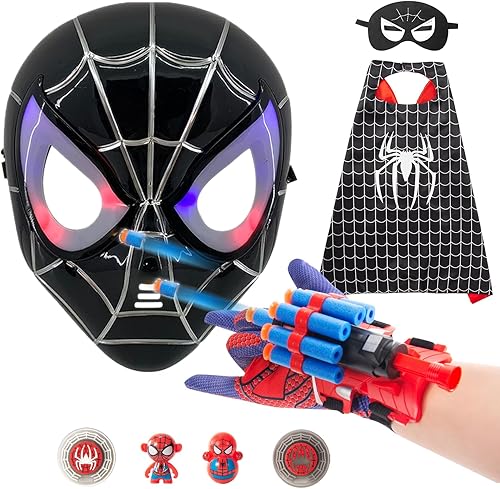 Disfraz de superhéroe de juguete con máscara LED, tiradores de telaraña, capas de héroe de araña y más, perfecto para juegos de rol, fiestas y