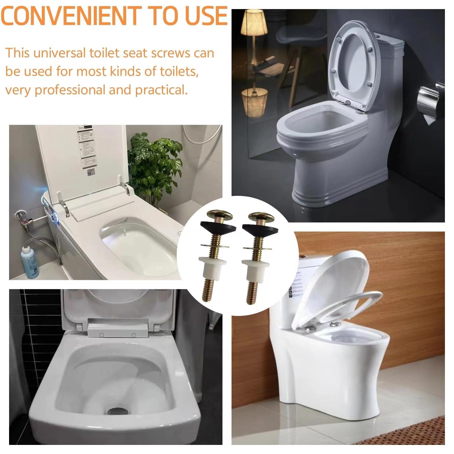 2 Pcs Toilet Seat Screws Replacement Kit, Heavy Duty Steel Universal Toilet Seat Bolts with Plastic Nut and Metal and Rubber Washers, Sturdy Fastener Set for Top Mount, Easy to Install, Gold