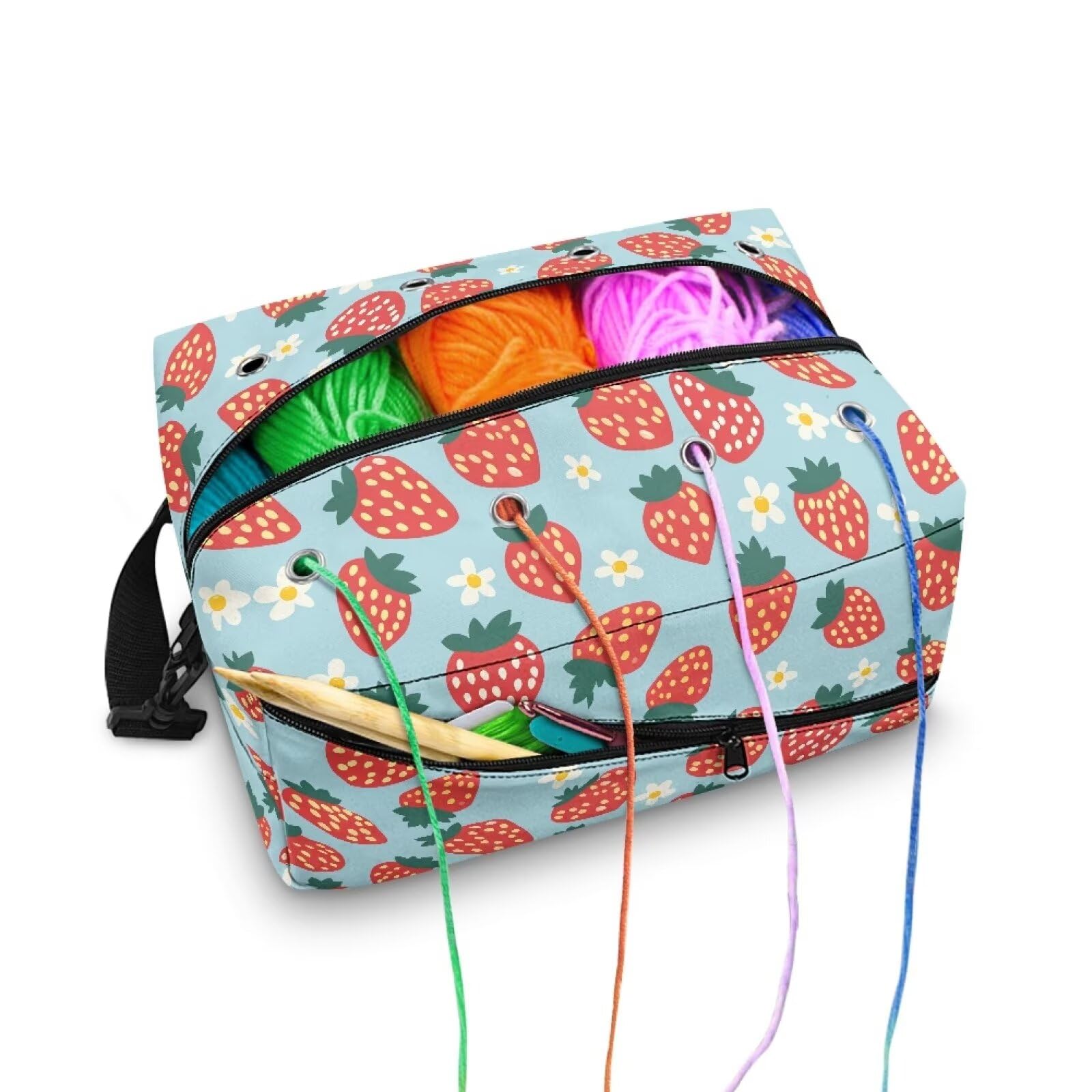 Drnuikhe Strawberry Print Crochet Bag Yarn Storage Knitting Large Capacity Yarn Storage Organizer for Knitting Needles, Crochet Hooks and Other Accessories