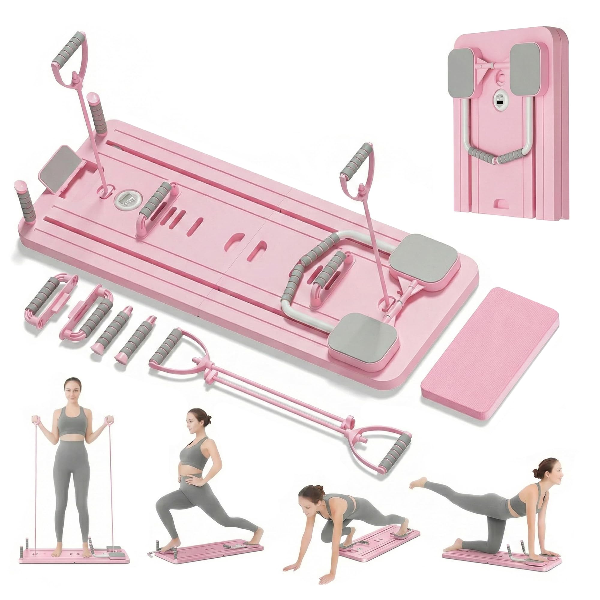 Extralink Pilates Board – Klappbarer Pilates Reformer für Zuhause, Multifunktional, Bauchtrainer mit Widerstandsbändern, Automatischer Rückprall, LCD Timer & Handyhalterung, Kompakt & Stabil, Rosa