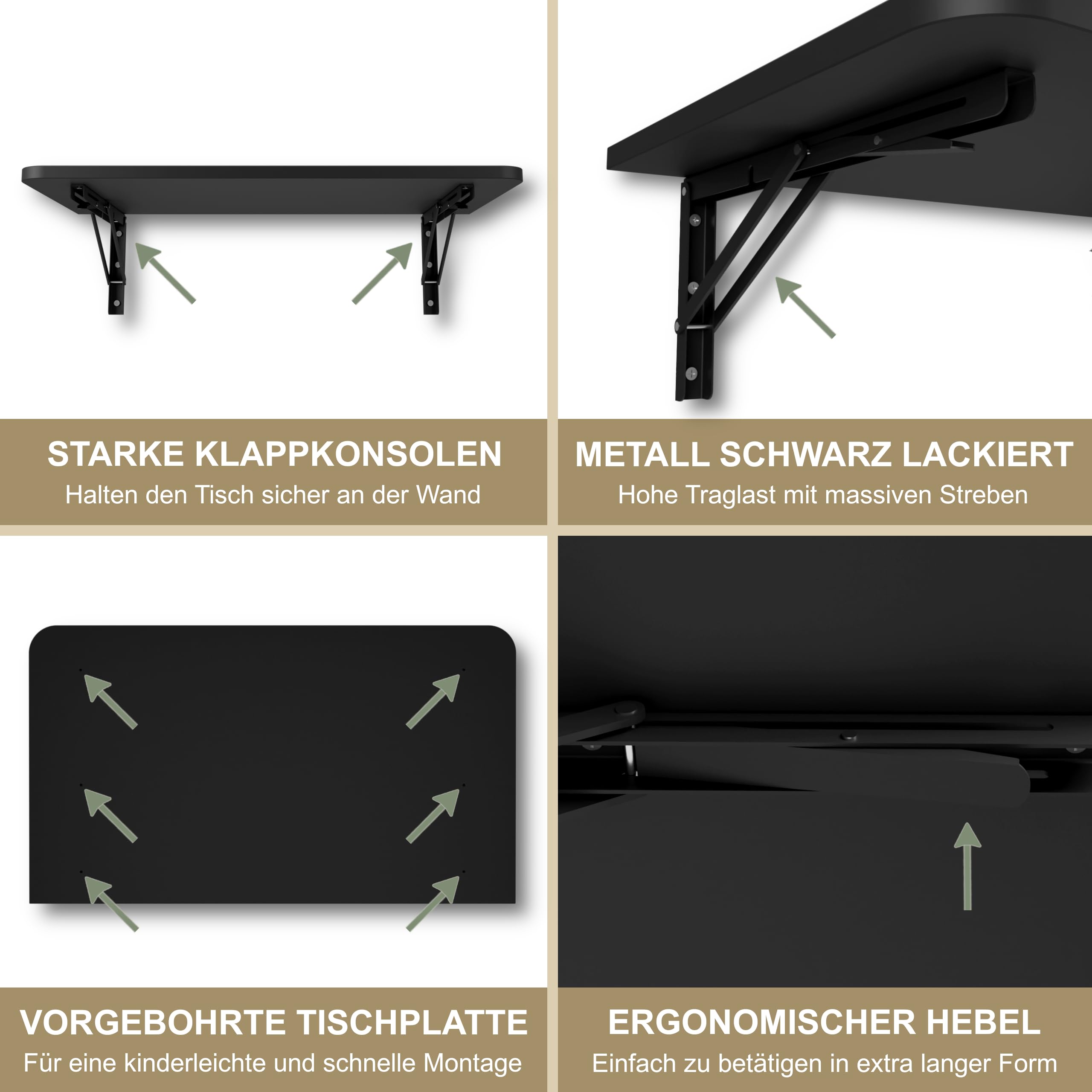KDR Wandklapptisch 70x40 cm Schwarz mit abgerundeten Ecken – Klappbarer Tisch zur Wandmontage – als Esstisch, Schreibtisch, Küchentisch oder Arbeitsplatz – Platzsparend & vielseitig einsetzbar