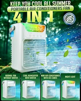 Portable Air Conditioners, Instantly Cooling Air Conditioner Portable with 3 Speeds, 2 Mist Settings, 650 mL, 7 Color Lights, Mini Personal Evaporative Air Cooler for Bedroom, Camping, Car, White