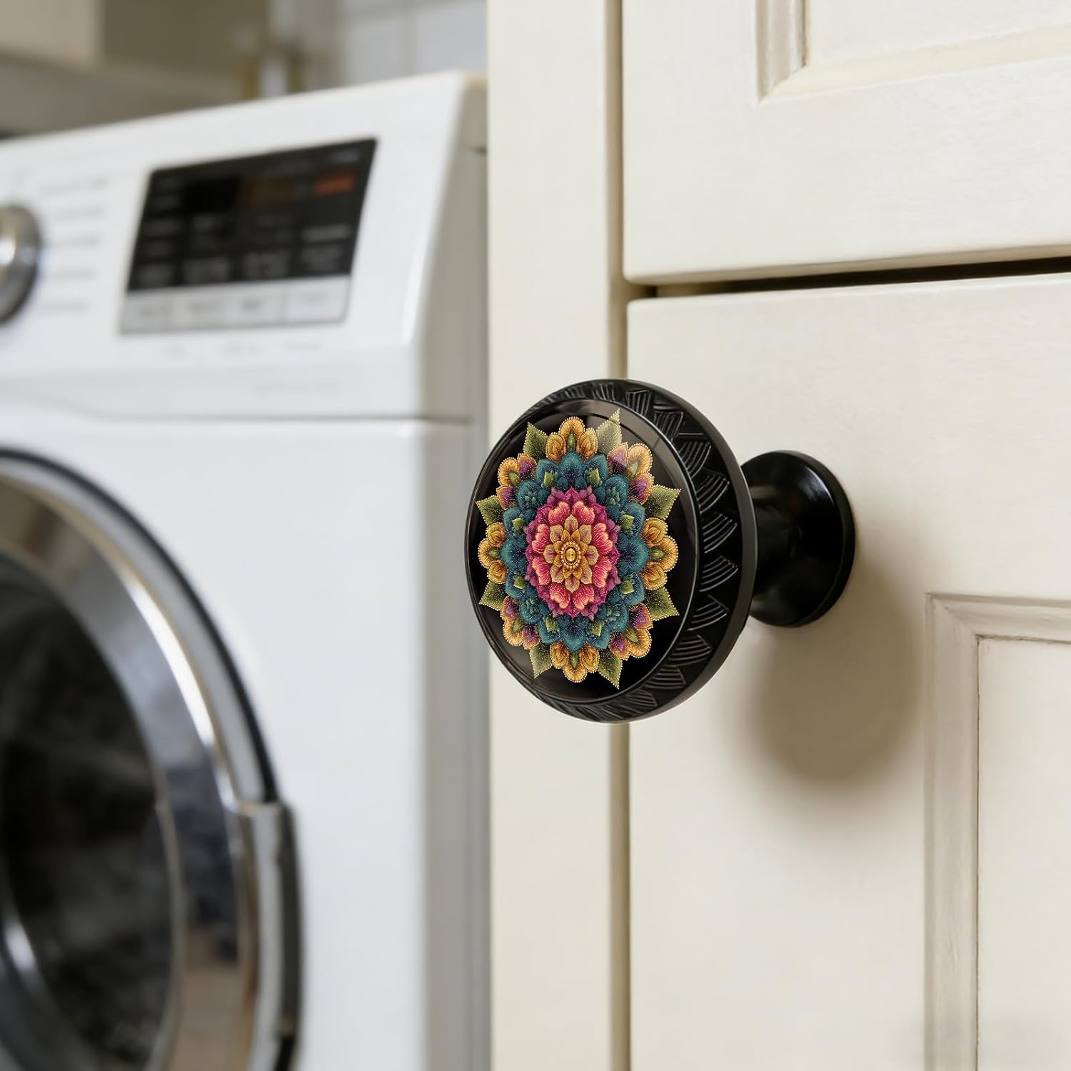 Yiruhe 4 Pack Bold Mandala Art Design Kitchen Cabinet Knobs Acrylic Round Drawer Pulls for Dresser Cupboard Door Handles