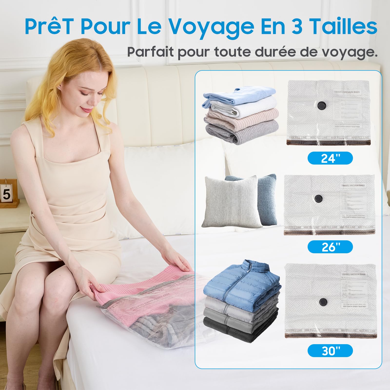 Sacs de compression pour vêtements avec pompe à vide sans fil, idéals pour le rangement gain de place à la maison et en voyage - Lot de 15 sacs (5x 40x50 cm, 5x 40x60 cm, 5x 50x60 cm)