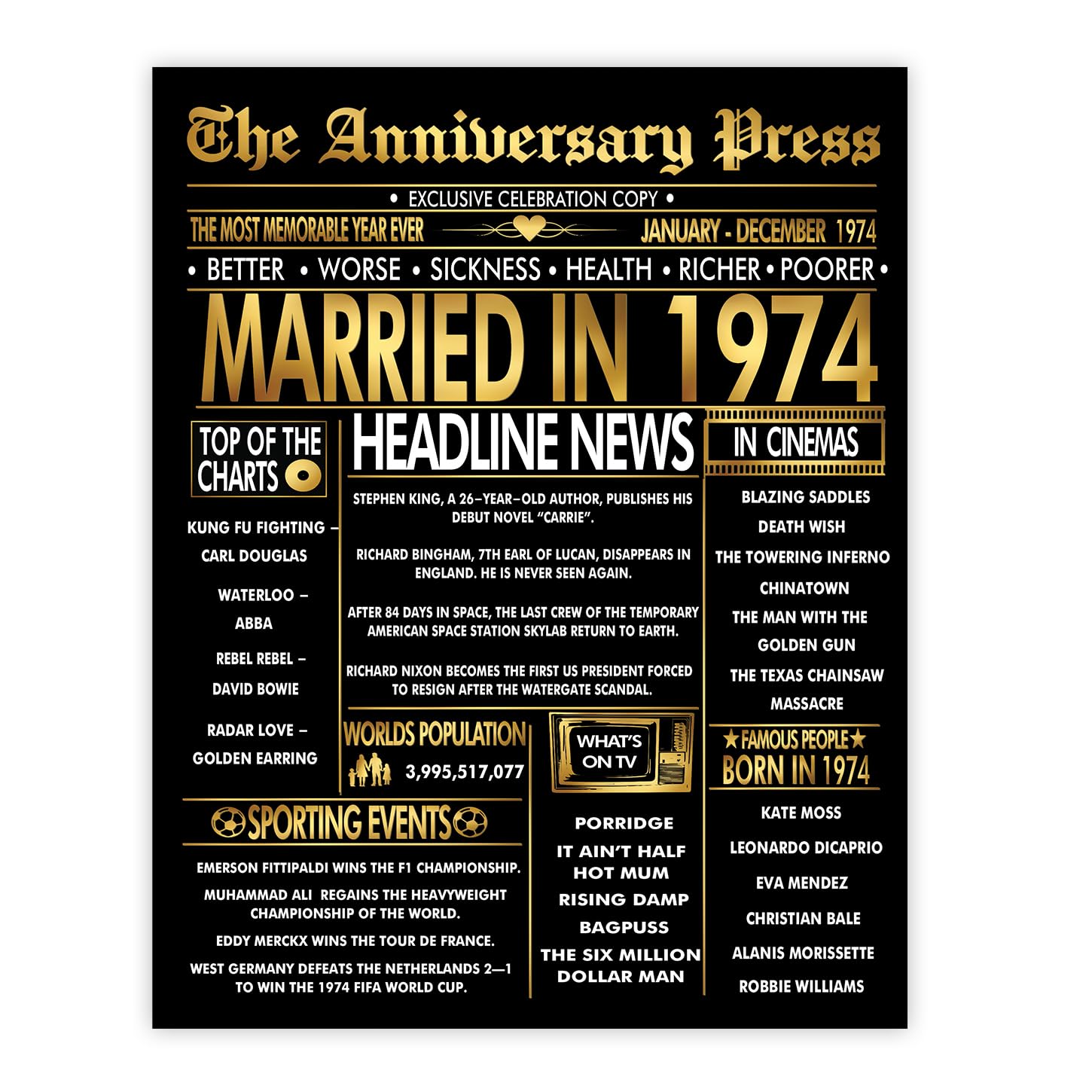 Stuff4 Gold 52nd Anniversary Poster Unframed - Golden Married In 1974 Newspaper - 52 Wedding Anniversary for Men Women Vintage Gifts Back In 1974, 8x10 Inch Anniversaries Posters