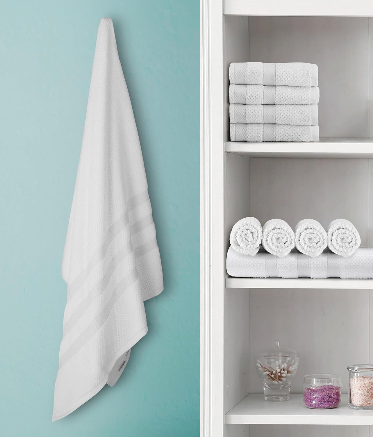 COTTON CRAFT Popcorn Towel Set - Luxurious 10 Piece Towel Set - 100% Cotton - Soft Absorbent 600 GSM Bathroom Towels - 2 Large Bath Towel 4 Hand Towel 4 Wash Cloth - Hotel Spa Shower Pool Dorm - White