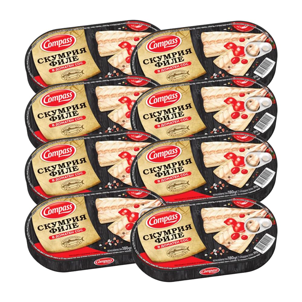 Compass Mackerel Fillet in Tomato Sauce | Canned Food | Delicious Dishes | Quick & Easy | Ready to Eat | Ready Meals | Bulgarian Origin | 180g (Pack of 8)