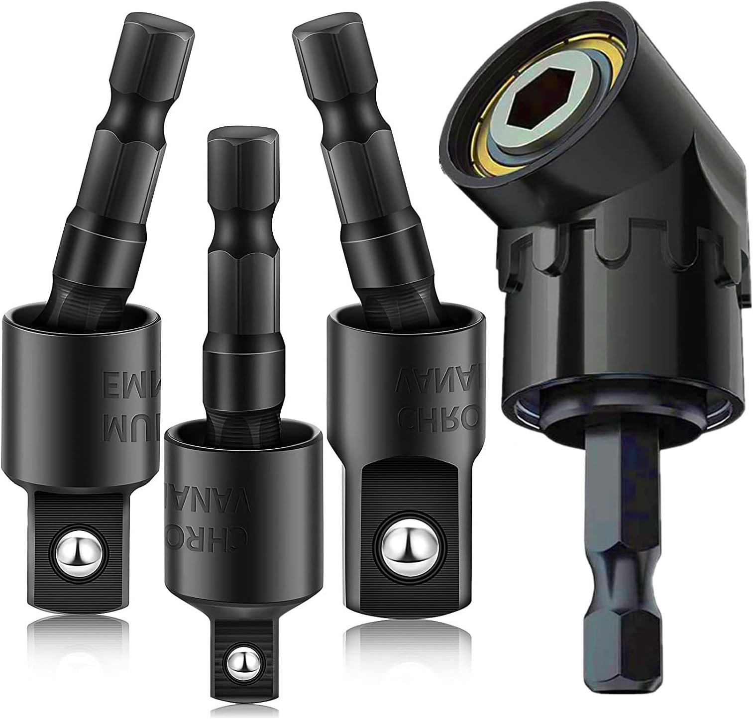 CIGOTU 4-in-1 Impact Drill Bit Extension,Includes 360° Magnetic Swiveling Bit Tip Holder 1/4 3/8 1/2" Impact Socket Adapter Set,105 Degree Right Angle Drill Attachment for Household Workplace Industry