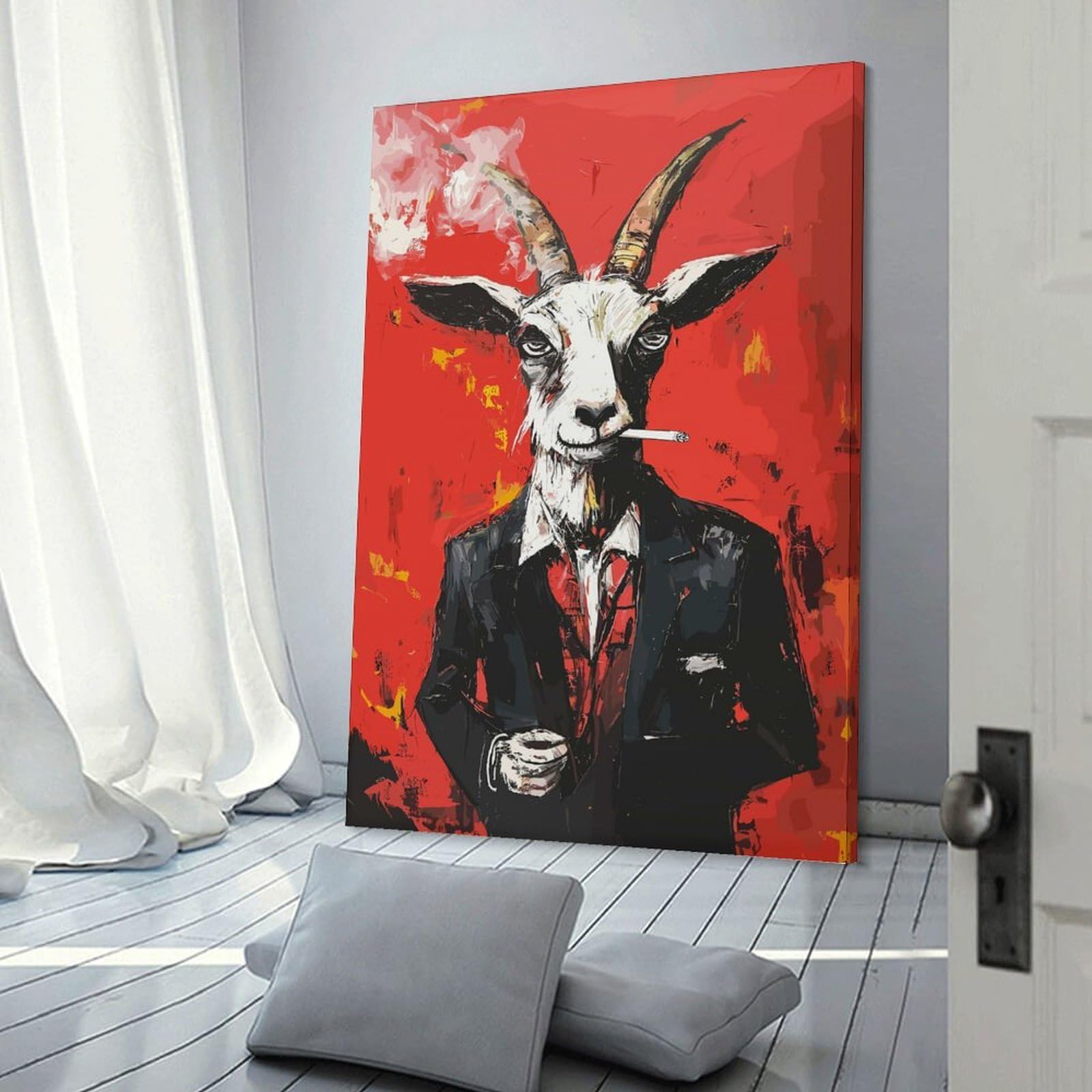 Junmoney Frame-Style-8 Goat In Suit Smoking Cigarette Canvas Wall Art 20X30inch(50X75cm), For Workspace Walls, Study Corners Or Bedrooms, Wall Art That Adds Style To Work Areas