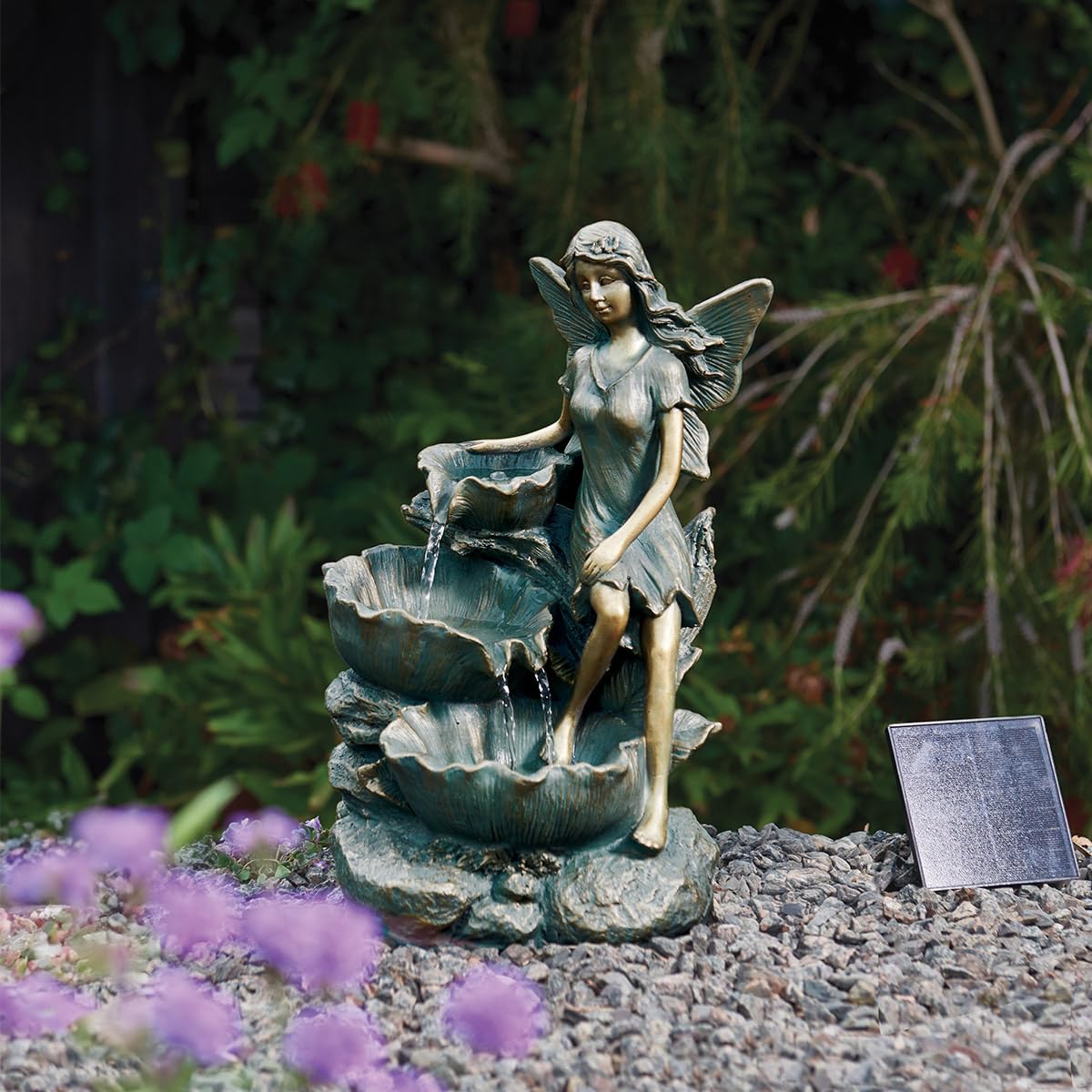 Festive Lights Fontaine LED solaire de 41 cm en forme de fée avec cascade, fontaine solaire pour jardin, intérieur et extérieur, fontaine solaire pour l’extérieur, fontaine de jardin en bronze