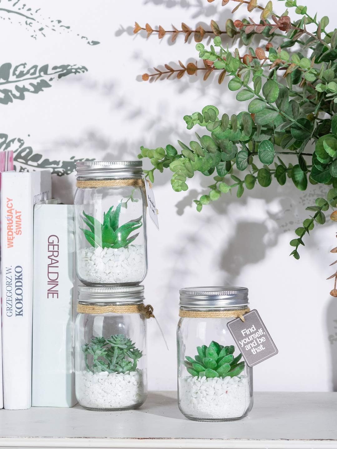 Opps Mini Artificial Green Succulent Plants with Special Rope Design Clear Glass Jar – Set of 3