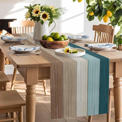 Miniatura 132 de Camino de mesa de algodón y lino estilo granja rústico retro, textura de madera de granero, color degradado marrón y gris, antideslizante,