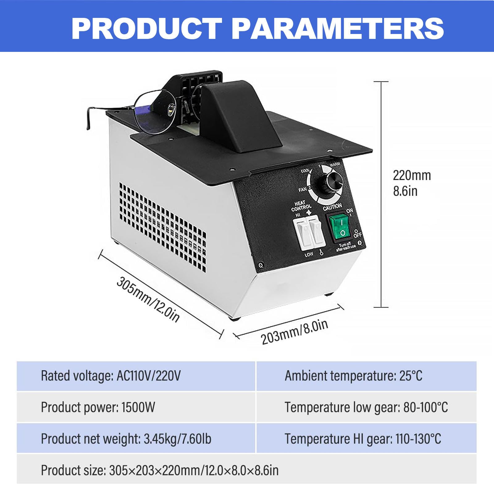 Grzeźnik Ramy Okularów, 1500 W Optyczne Szklanki Podgrzewacza Ramy, Sprzęt Do Ogrzewania Okularów, Przełączanie Na Gorąco I Zimno, 80 ℃ -130 ℃ Regulowana Temperatura Do Regulacji Ramy Okulary