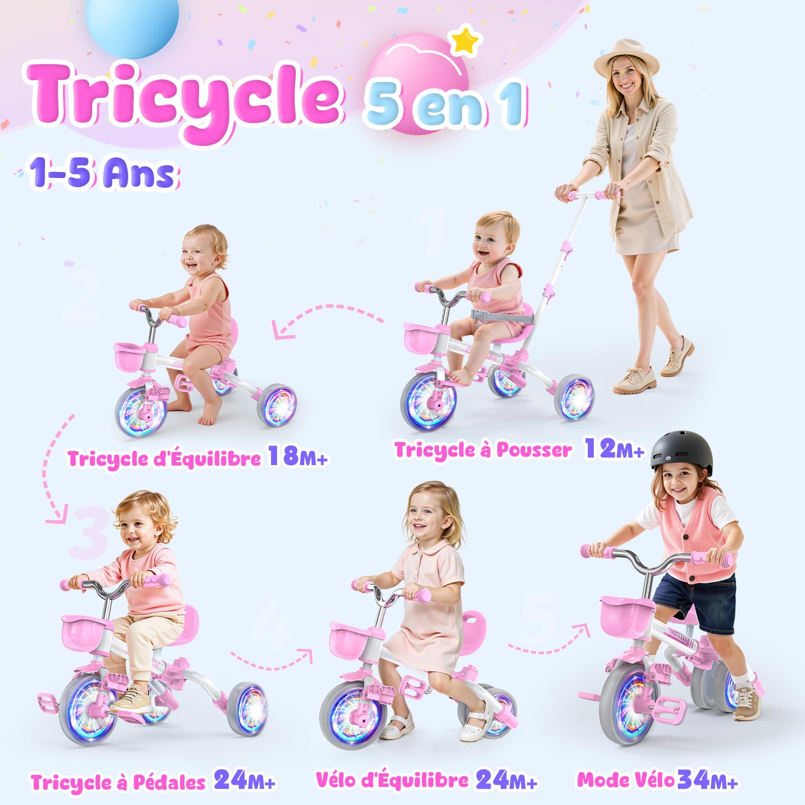 HappyGoLucky 5 en 1 Tricycle évolutif Enfant, Draisienne 1-5 Ans-Roues Lumineuses/Poignée Parentale/Sièges&pédales Réglables