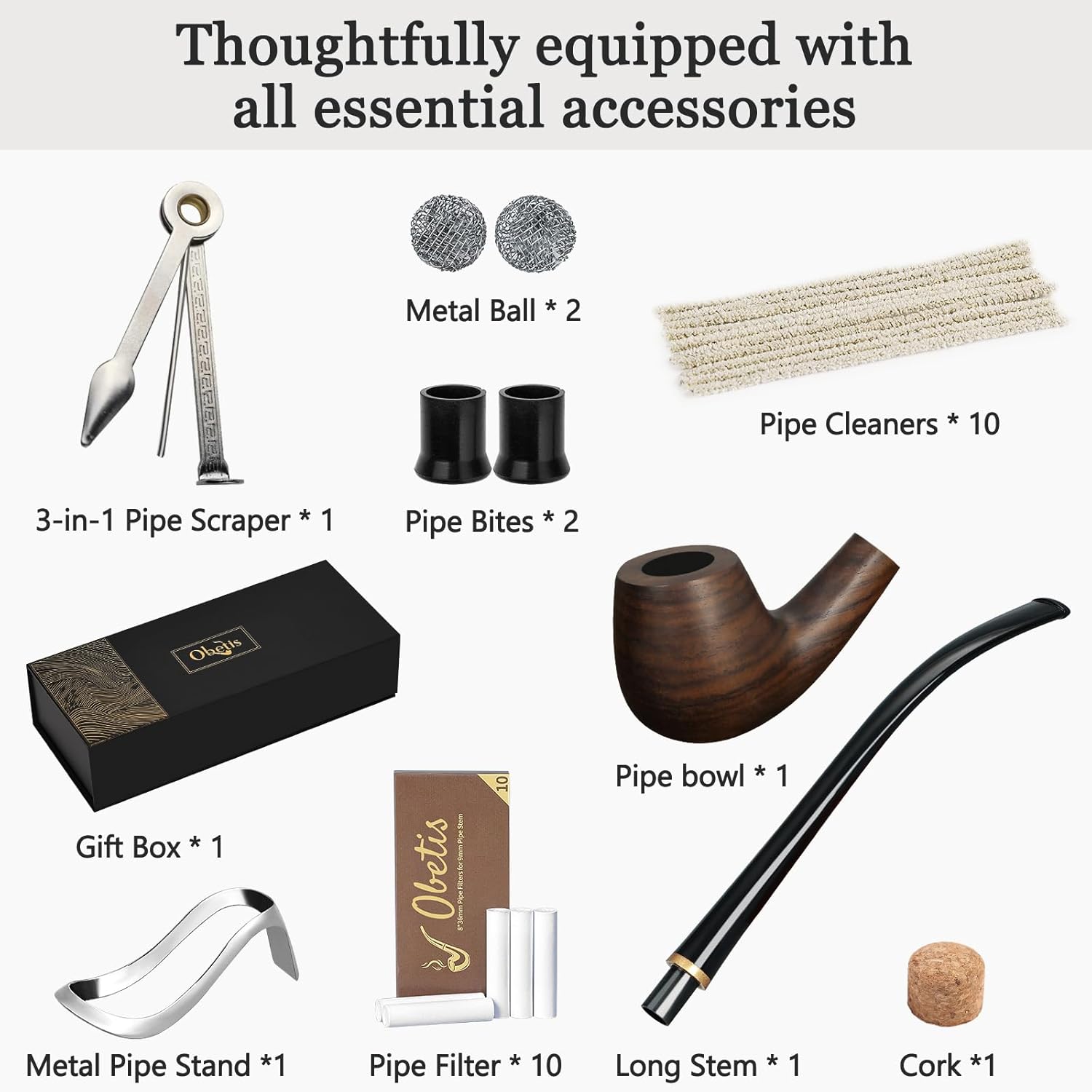 Ebony Tobacco Pipe Set - Elegant Churchwarden Style Long Stem Pipe with High-heel Metal Stand, Handcrafted Smoking Pipe Kit with Filters, Tools, Pouch, and Gift Box for Collectors and Beginners