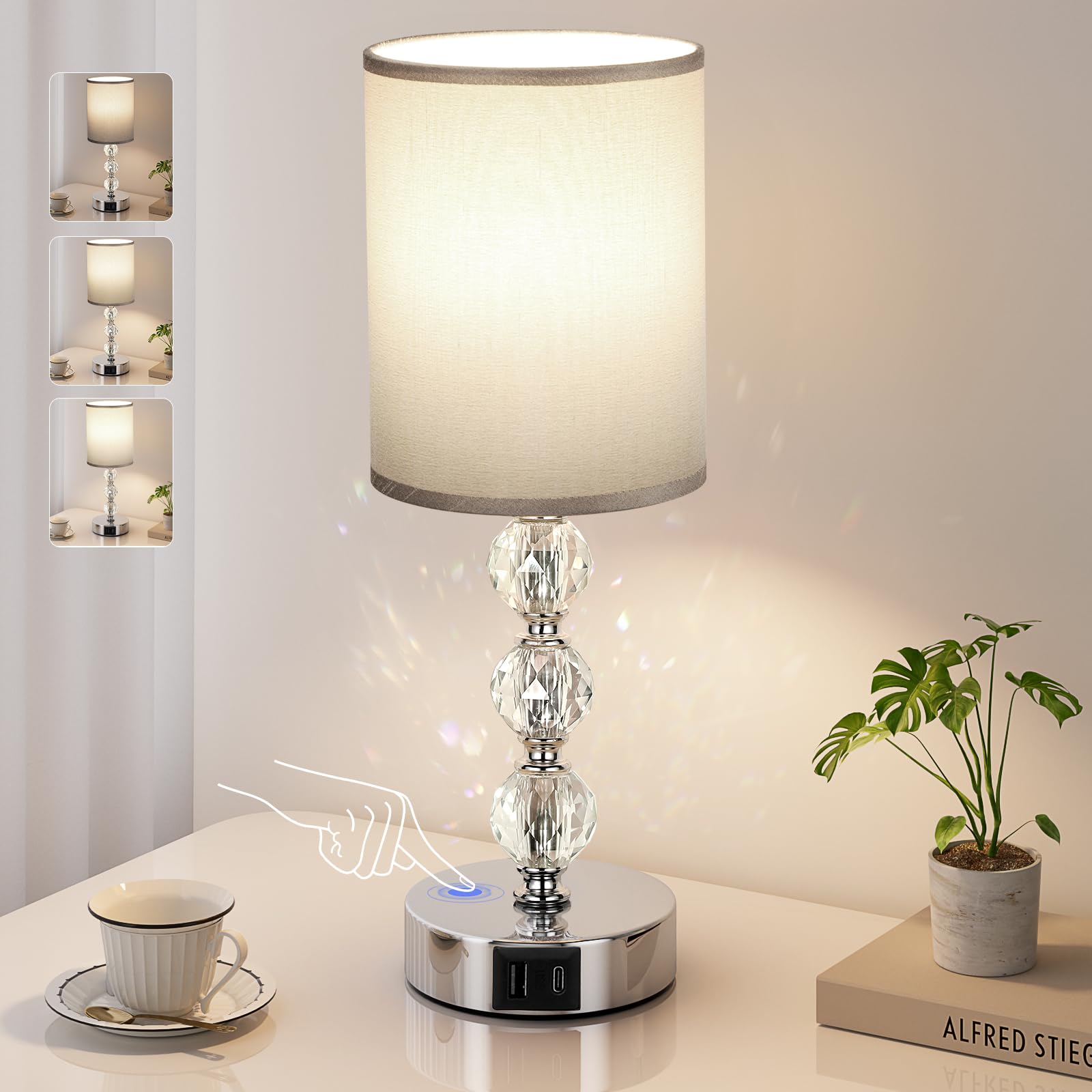 – Touch Table Lamp, Crystal Grey Bedside Lamps with 3 Way Dimmable, Small Bedside Lamp with USB C+A Charging Ports, Bedroom Lamps with Grey Fabric Shade for Living Room (LED Bulb Included)