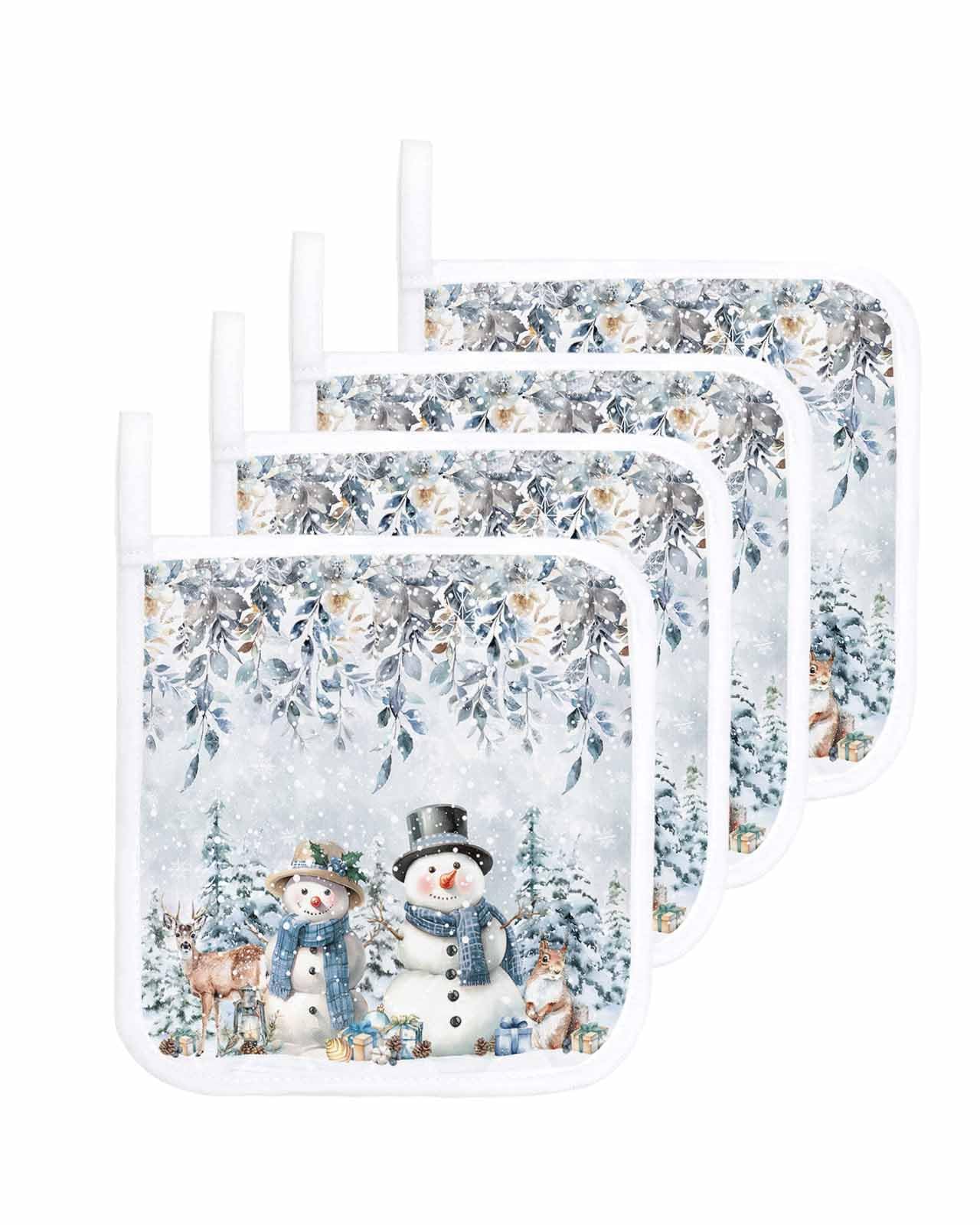 LEOKOTI Christmas Blue Snowman Holders 3 Pack, Hot Pads for Kitchen with Hanging Loop, Xmas Botanical Snowflake Holder Oven Hot Pad Washable Potholders for Cooking Baking 8.25