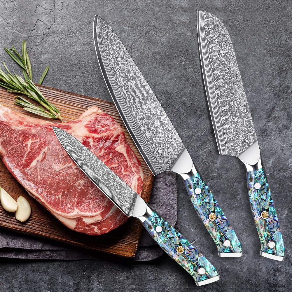 KEENZO 3PCS Kitchen Knife Set,Professional kitchen knives with 8" Chef knife,7" Santoku knife,5" Utility Knife,Japanese Hand Forged Damascus Steel Cooking knife set,Ergonomic Abalone Shell Handle — Amazon image 7