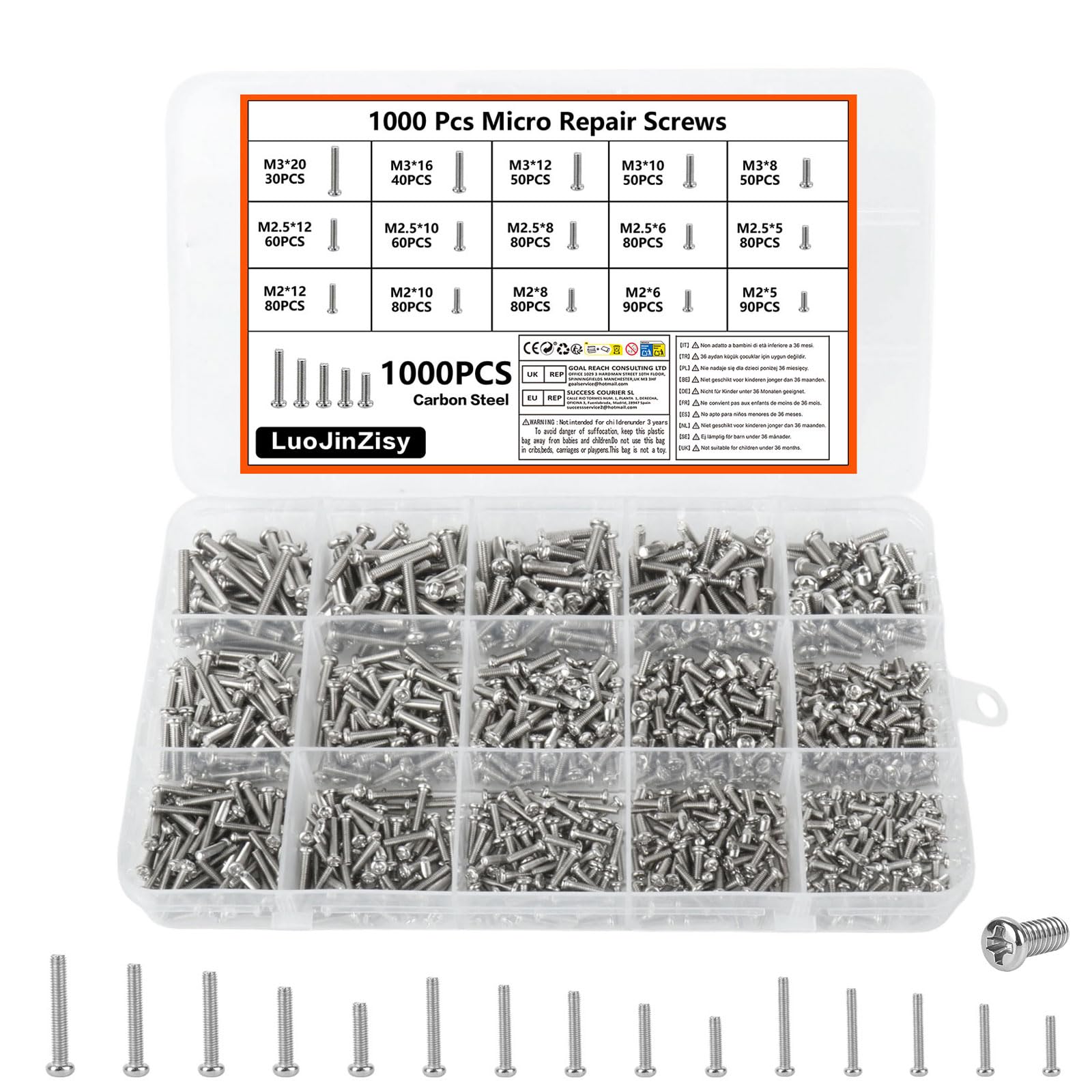 1000 Pcs Small Screws Set, M2 M2.5 M3 Glasses Screwsset, Tiny Micro Repair Screw Kit, Cross Countersunk Screws Machine Bolts Set for Watch Laptop Jewelry Spectacle Screwsset