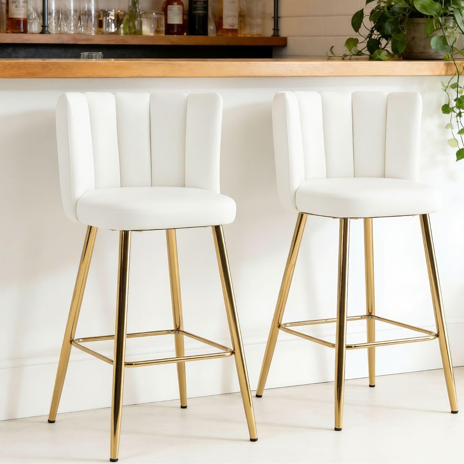 DM Furniture Velvet 26" Counter Height Barstools Set of 2 Modern Kitchen Stools Upholstered Bar Stool Chairs with Gold Metal Legs for Kitchen Island/