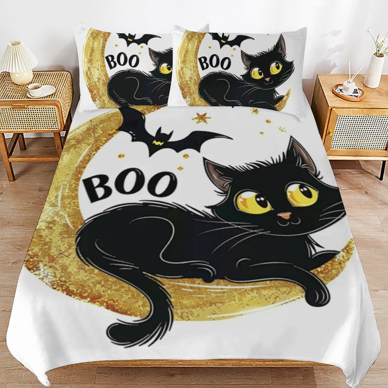 Parure de lit chat d'Halloween avec housse de couette imprimé chien noir et taies d'oreiller