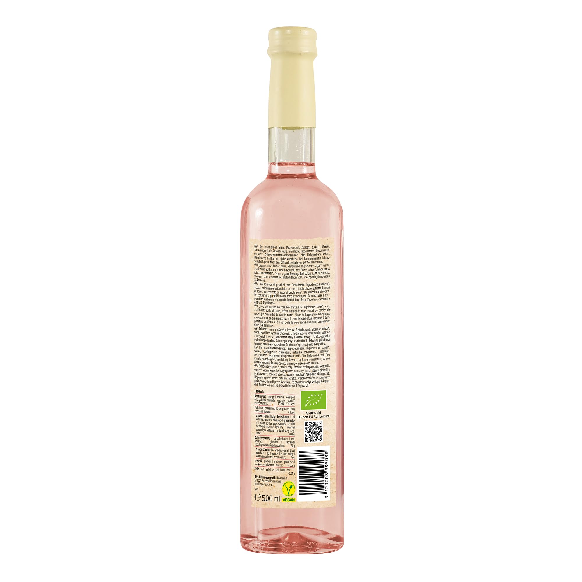 Höllinger Sirop de fleur de rose biologique, végétalien, bouteille en verre de 3x500 ml, saveur florale