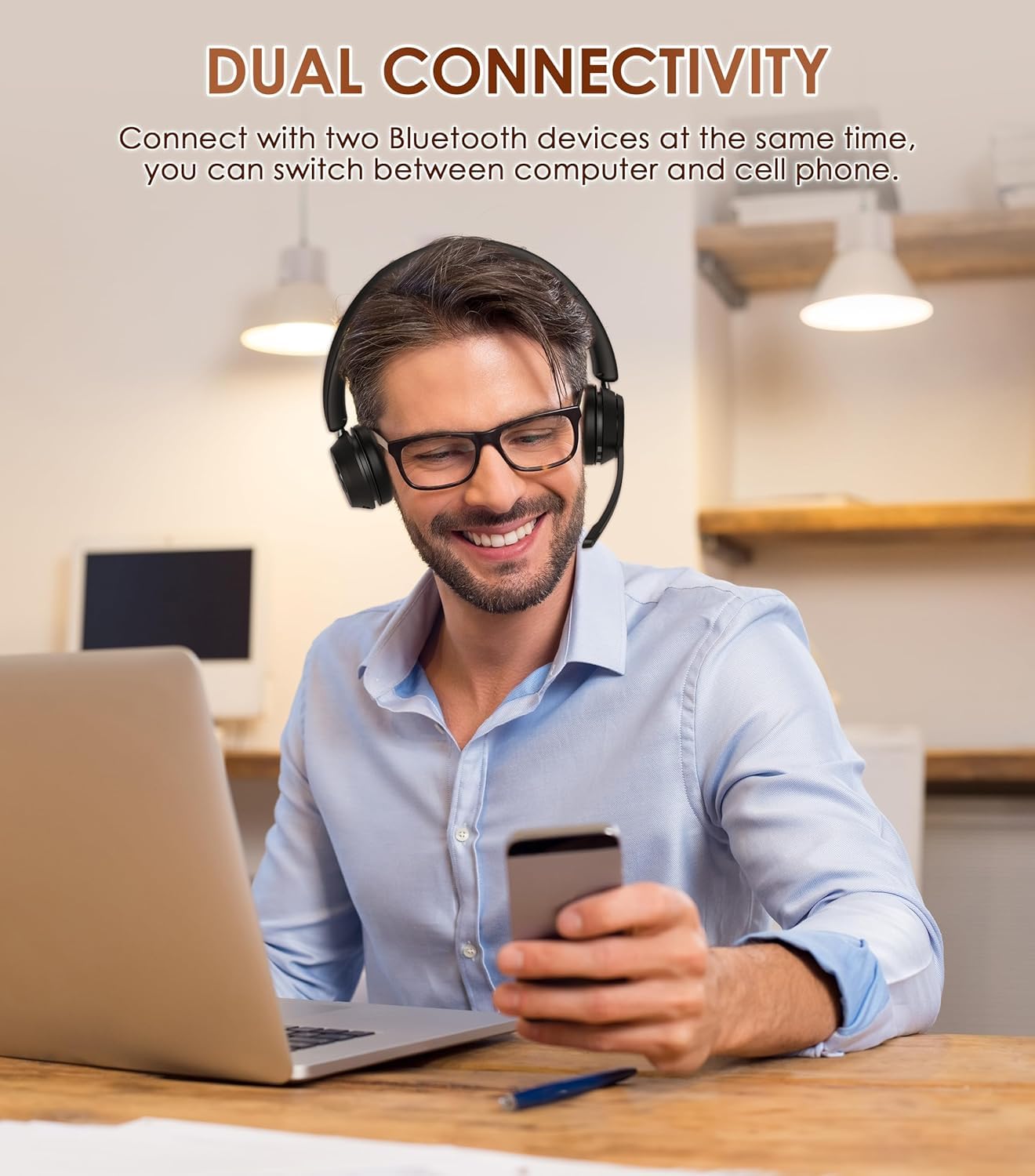 Soothielec Bluetooth Headset, Kabelloses Headset mit Mikrofon mit Geräuschunterdrückung, bestes Headset mit Mikrofonstummschaltung und USB-Dongle für PC/Computer/Laptop/Handys/Fernarbeit/Call Center