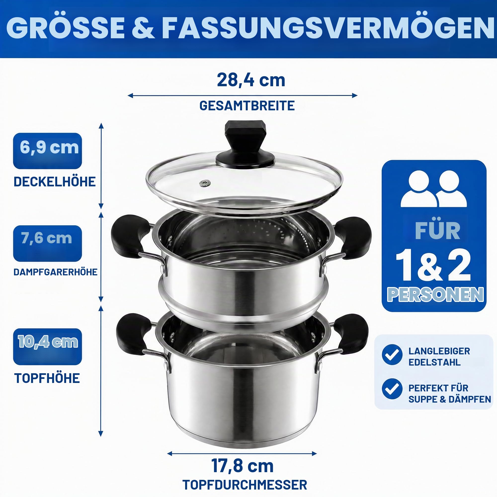 ZENFUN Edelstahl Dampfgartopf mit Korb, 1,6 Liter Suppentopf mit Glasdeckel, Mini Dampftopf Kochgeschirr mit Griff für Gemüse, Soße für Herd, Induktion, Gas, Elektro, Grill