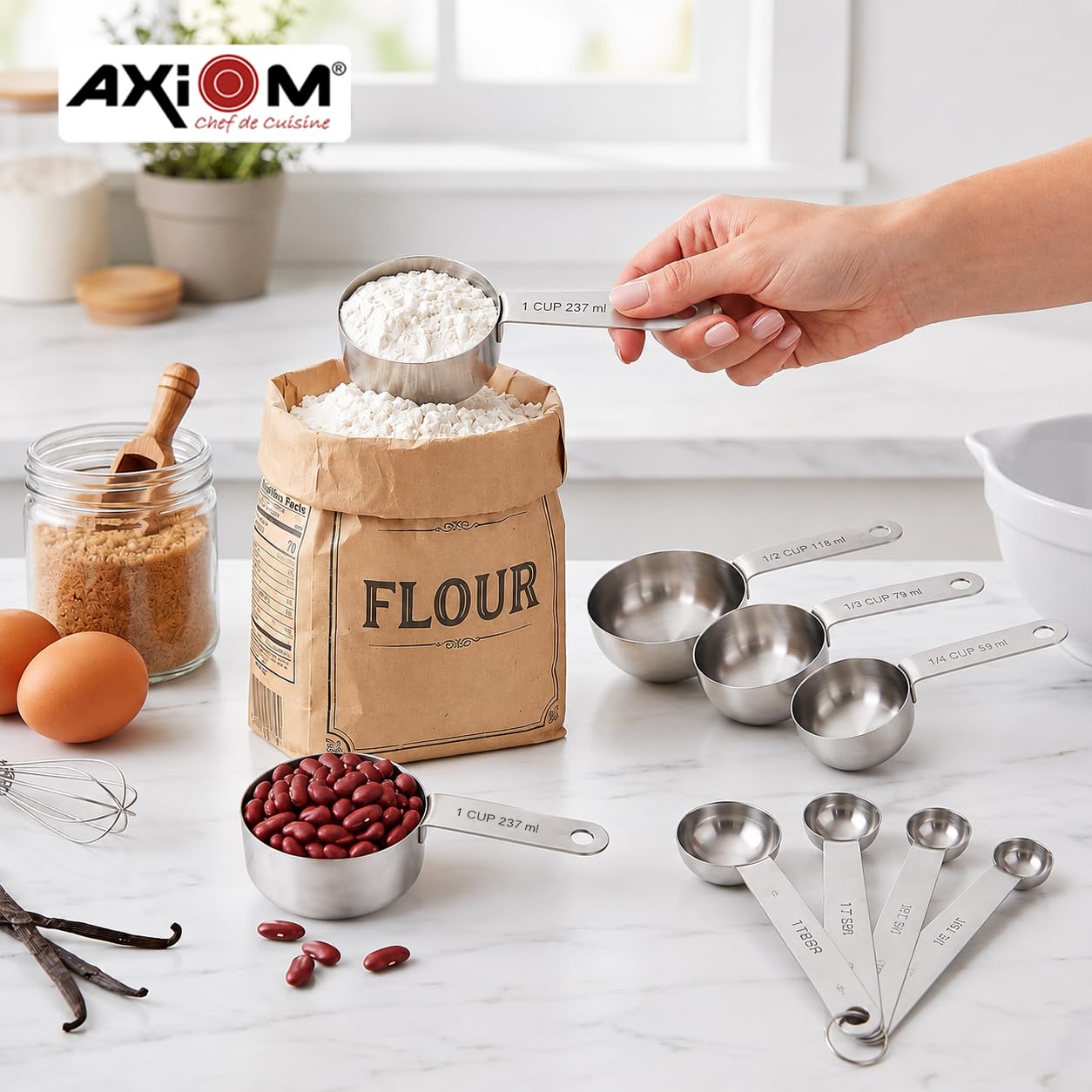 AXIOM Measuring Set of 8 pcs Stainless_Steel Professional Quality for Baking, Cooking, 4 Stackable Measuring Cups and 4 Stackable Measuring Spoons with Measurement Engraving Handle
