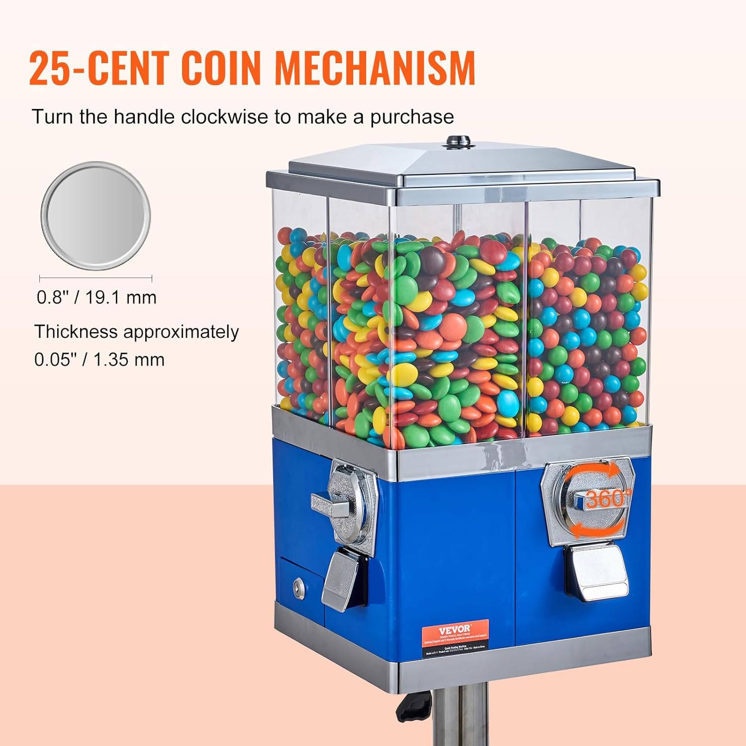 VEVOR Commercial Vending Machine, Four Compartment Rotatable Gumball and Candy Dispenser, Adjustable Height Coin Operated Candy Bank with Iron Stand, for Business Toy Capsules Bouncy Balls Nut, Blue