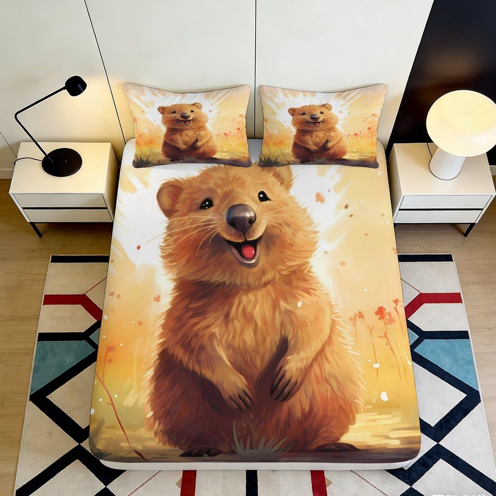 3D Printed Cute Bear Fitted Sheet Microfiber Soft Breathable Cartoon Bear Bed Cover for Bedroom Dormitory Guest Room Mattress Protection Decor 90x200x25cm