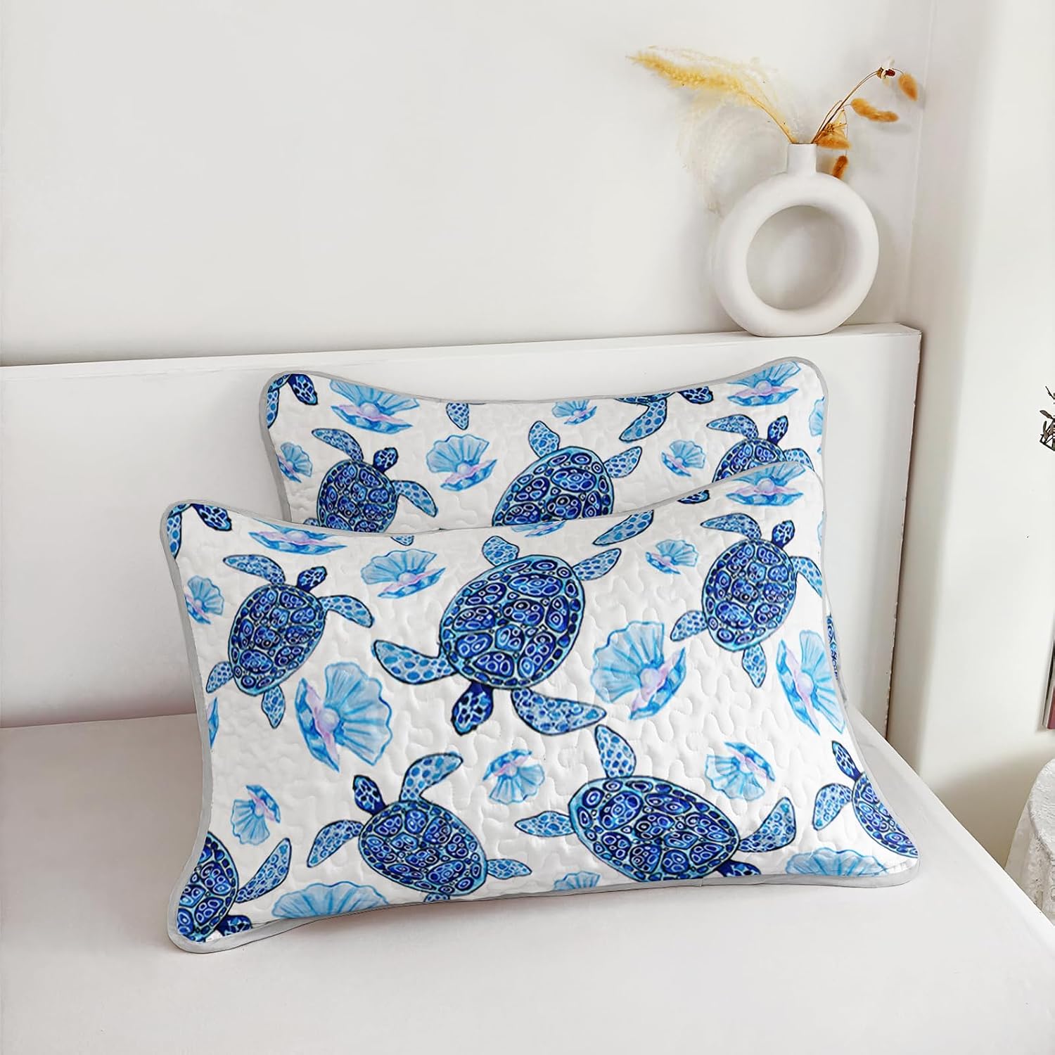 AILONEN Watercolor Sea Turtle Quilt Set Full Size,Beautiful Pearl Shells Bedspread Coverlet - Soft Lightweight 3Pcs - Sea Creatures Print Quilt,2 Pillowcases