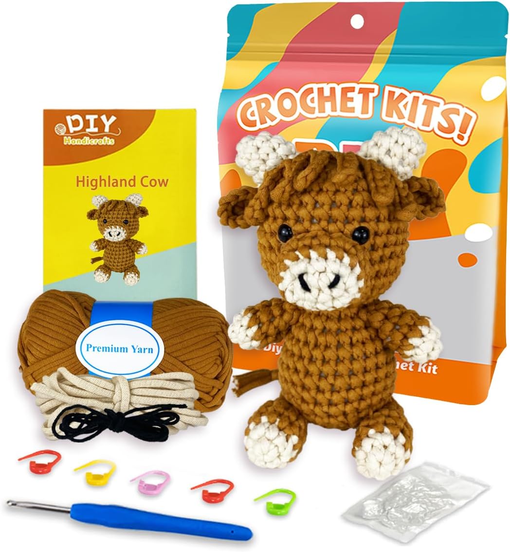 YCSCMG Z Crochet Kit for Beginners-Highland Cattle Material Package, Beginner Crochet Suit, Step-by-Step Video Tutorial, Easy Knitting of an Adult DIY Suit, Beginner Crochet Animal kit,