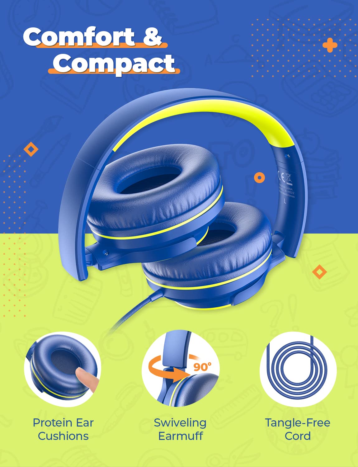 iClever HS22 - Cuffie per bambini con volume limitato di 94 dB, suono stereo, archetto regolabile, pieghevoli, cuffie per bambini per iPad e tablet Shool, da viaggio