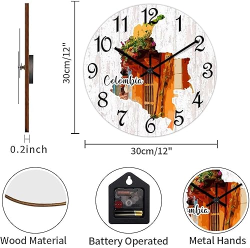 Miniatura 3 de Funlucy Reloj colgante de 12 pulgadas con paisaje colombiano, reloj de pared de madera, reloj de mapa de Colombia, relojes de cuarzo silencioso,