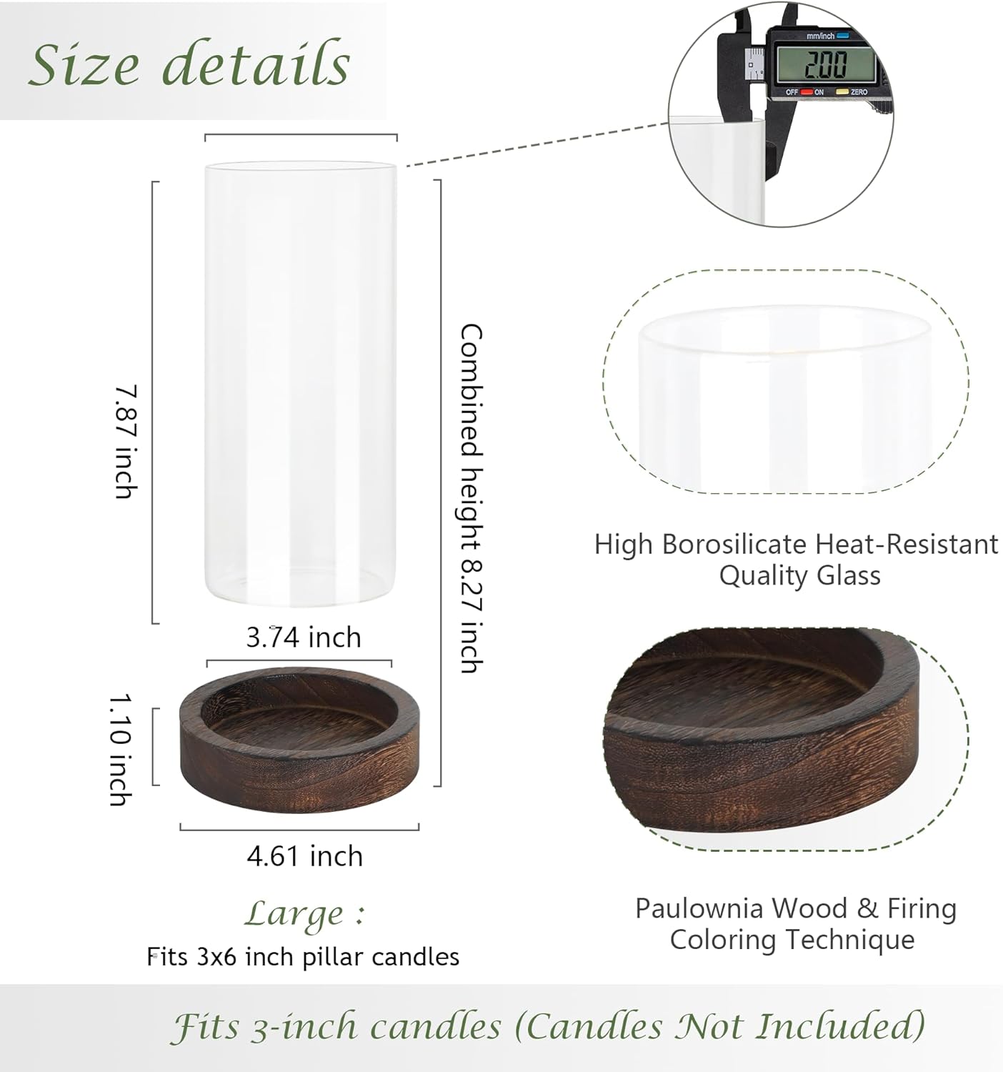 Set of 4 Hurricane Candle Holders - 4.6x7.8 Inch Rustic Wooden Base with Glass Cylinder, Brown Pillar Candle Holders for Wedding Centerpieces, Home Decor, Table & Mantel Decorations