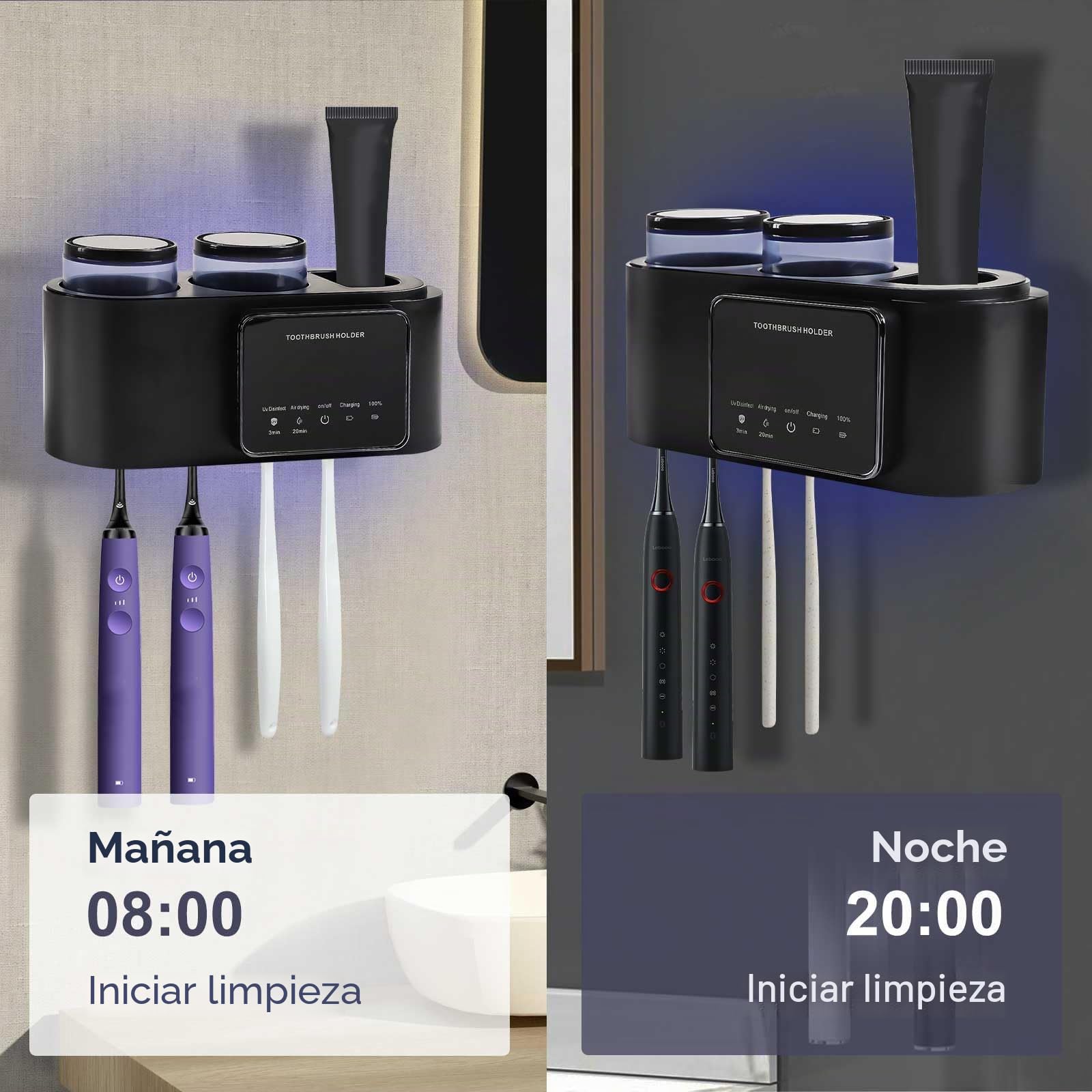 Desinfectante para Cepillo de Dientes UV para 4 Cepillos de Dientes, Esterilizador para Cepillo de Dientes Recargable por USB, Función de Temporizador Soporte Cepillos de Dientes para Baño