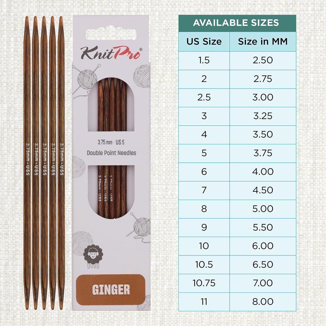 KnitPro Ginger Double Pointed Needles 8" (20cm) | US Size 5 (3.75mm)