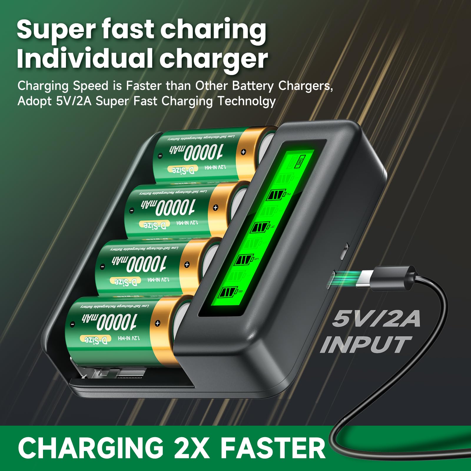 Confezione da 6 batterie ricaricabili D con caricabatterie, caricabatterie universale per batterie ricaricabili AA/AAA/C/D 1,2 V NI-MH NI-CD (3 scatole di batterie)
