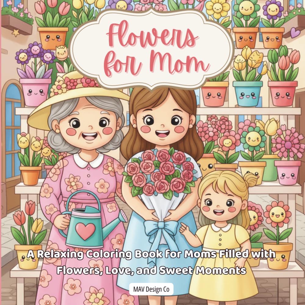 Flowers for Mom A Relaxing Coloring Book for Moms Filled with Flowers, Love, and Sweet Moments: Bold & Easy Coloring Pages Featuring Flowers, ... Moments for Mom 8.5"x8.5" Single Sided
