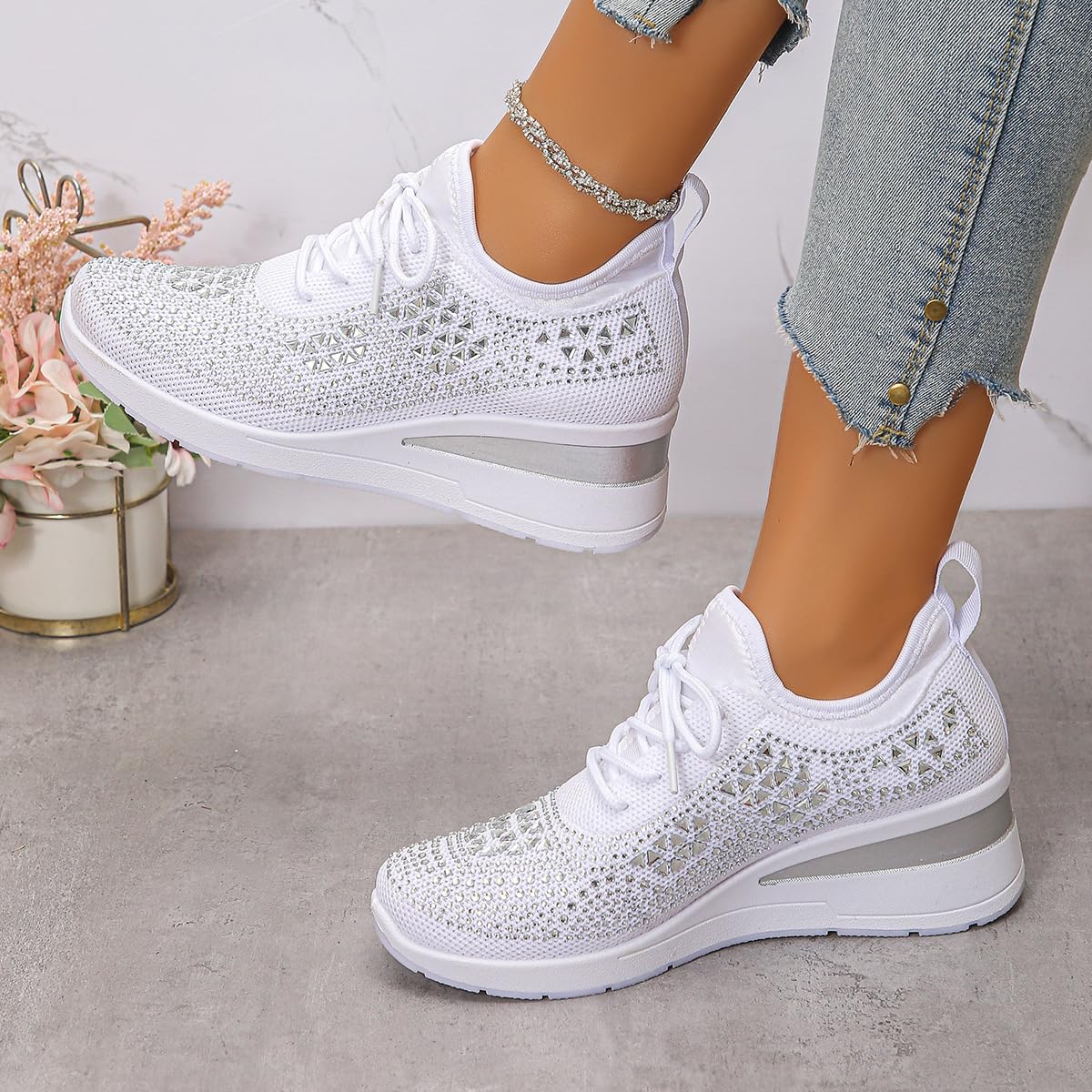Tenis de cuña transpirables con diamantes de imitación brillantes para mujer, zapatos deportivos ortopédicos brillantes para boda, zapatos de tenis de punto