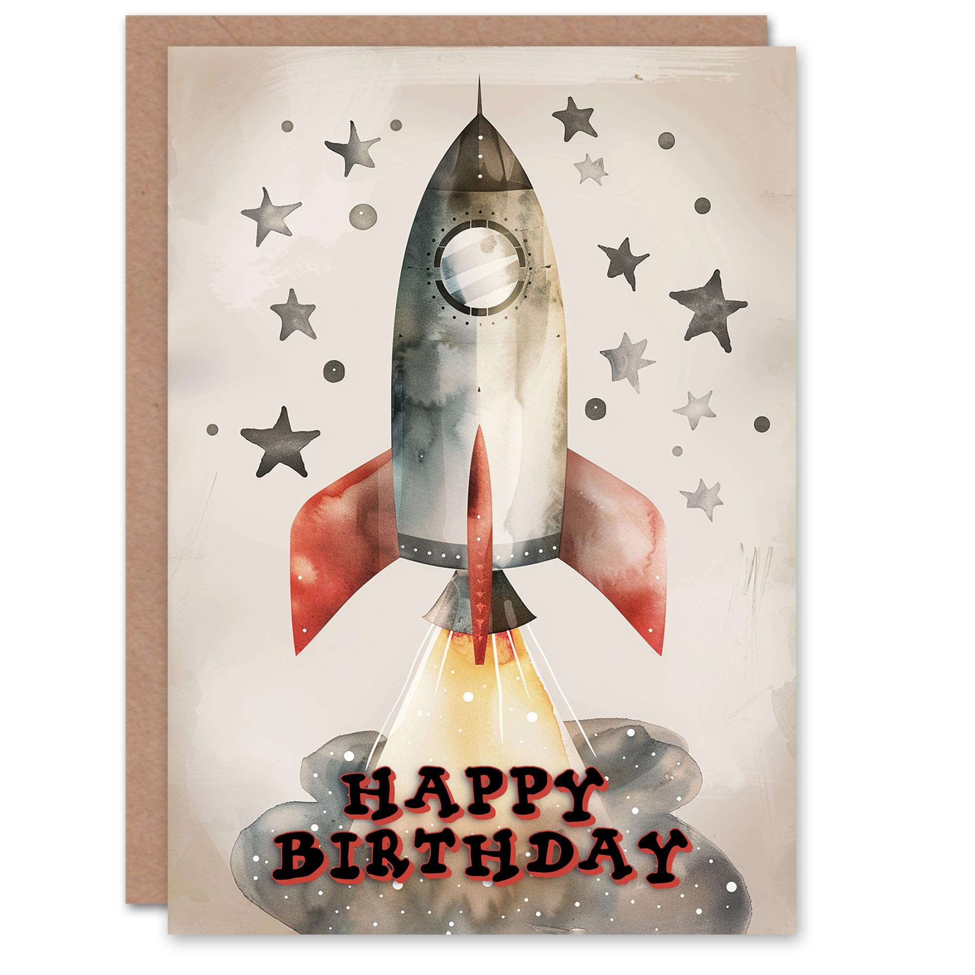 Artery8 Birthday Card Space Rocket Ship Stars Watercolour For Child Kids Son Daughter Greeting Card