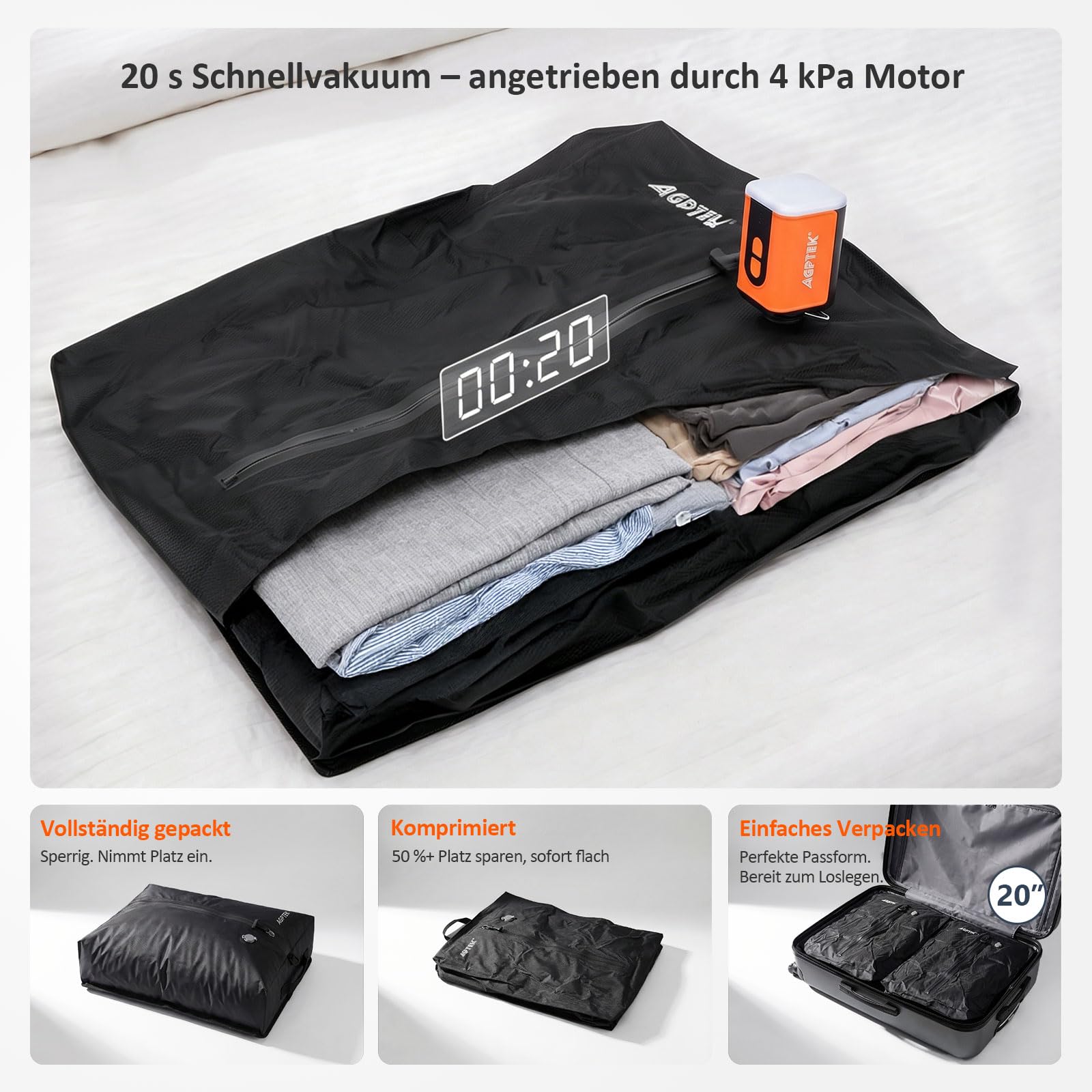 AGPTEK 33L Reisevakuumbeutel mit Pumpe, Professionelle Vakuumsäcke | 70D wiederverwendbare Kompressionsbeutel für Koffer & Rucksack