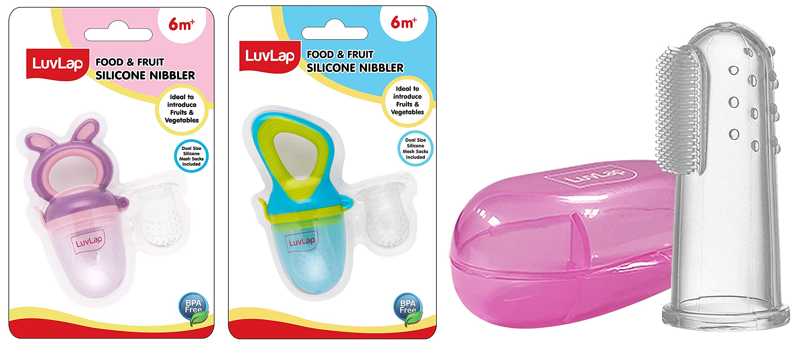 LuvLap Silicone Food/Fruit Nibbler, Elegant Blue Baby Silicone Finger Toothbrush with Case for Easy Cleaning, Massaging, and Soothing Gums, Oral Hygiene Infant - Manual, 1 Count